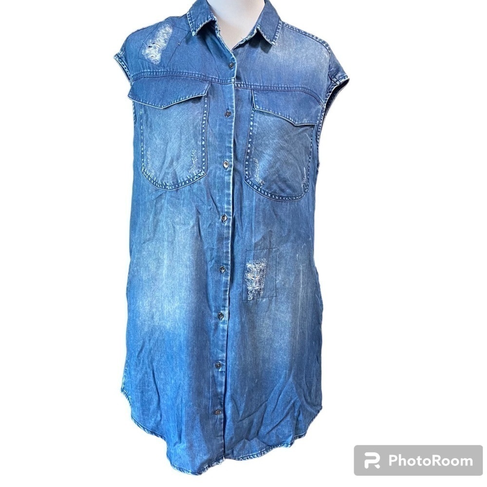 Calvin Klein denim sleeveless button down shirt dress distressed NWT small - Picture 2 of 9